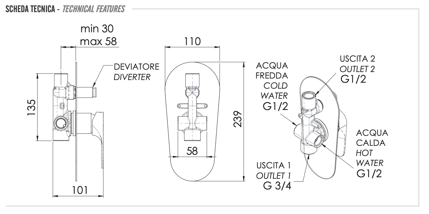 Remer Class Line Смеситель для ванны встраиваемый, 2 потребителя, с встраиваемой частью, цвет: cromo L09L