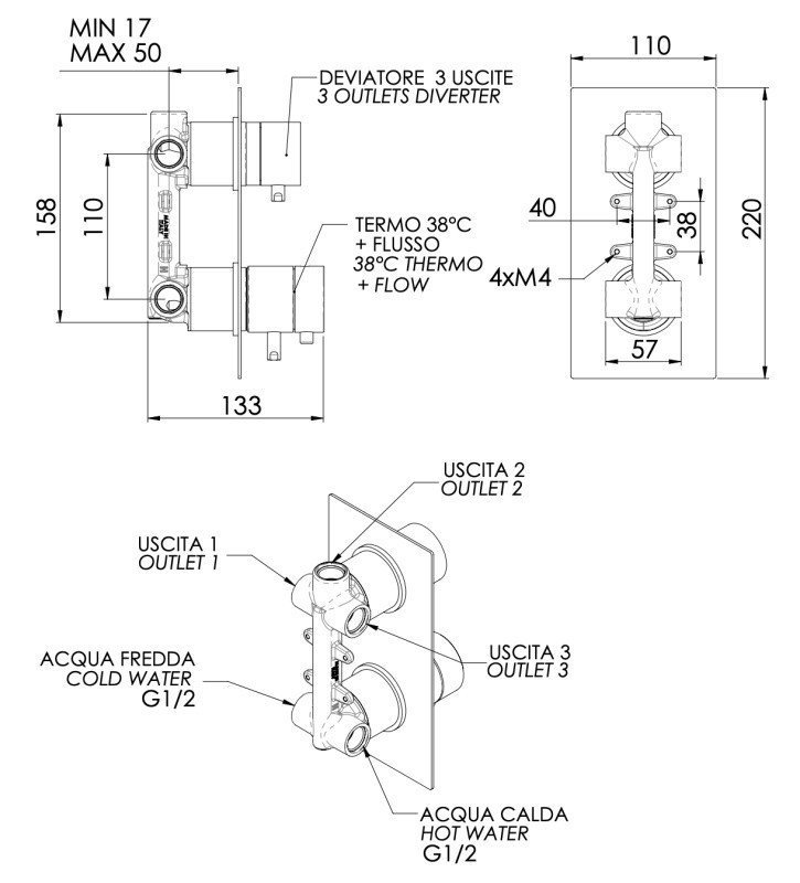 Remer Edge Термостат для ванны встраиваемый на 3 потребителя, с встраиваемой частью, цвет: cromo EG593