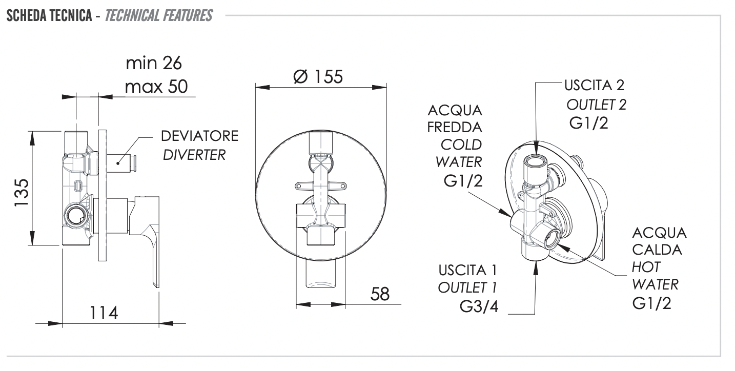 Remer Energy Смеситель для ванны встраиваемый на 2 потребителя, с встраиваемой частью, цвет: cromo EY09