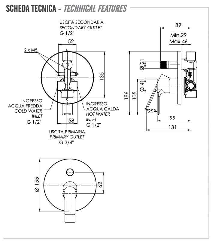 Remer Energy Смеситель для ванны встраиваемый на 2 потребителя, с встраиваемой частью, цвет: cromo EY09H