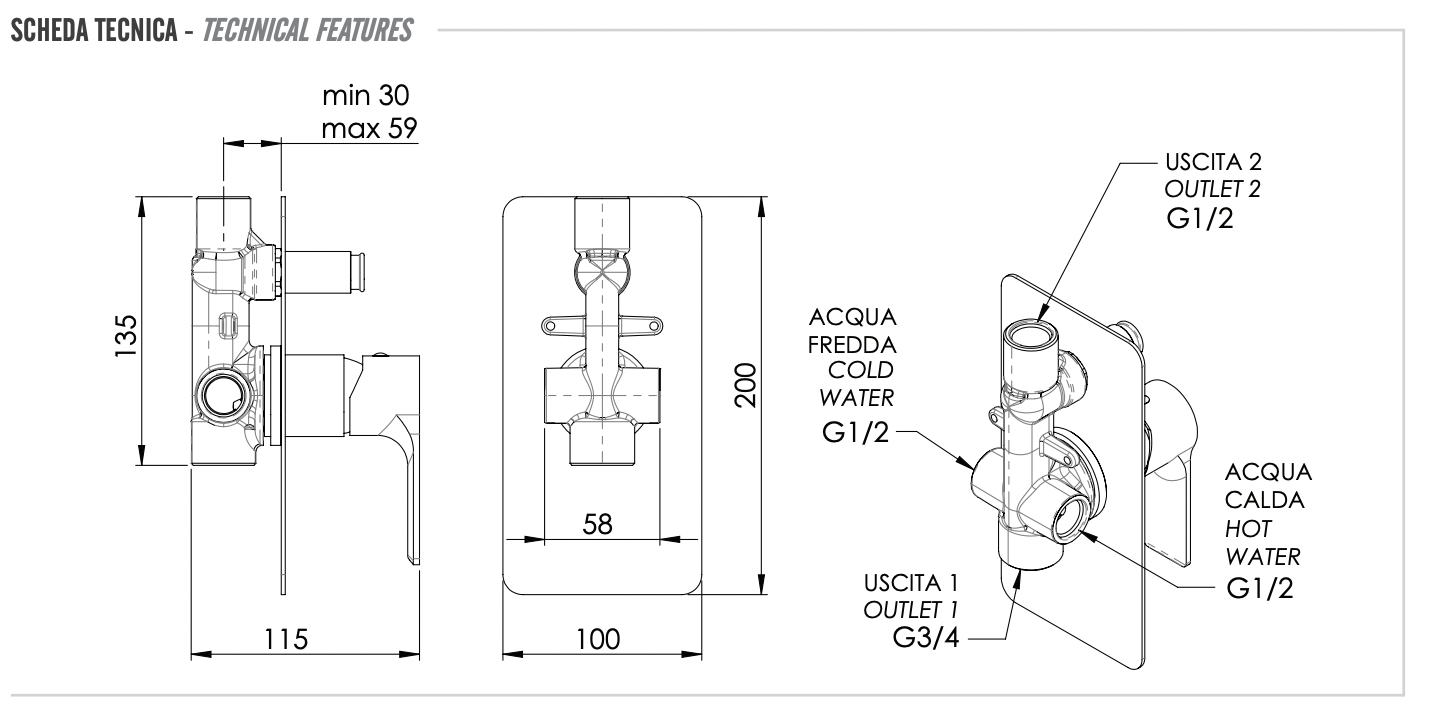 Remer Energy Смеситель для ванны встраиваемый на 2 потребителя, с встраиваемой частью, цвет: cromo EY09L