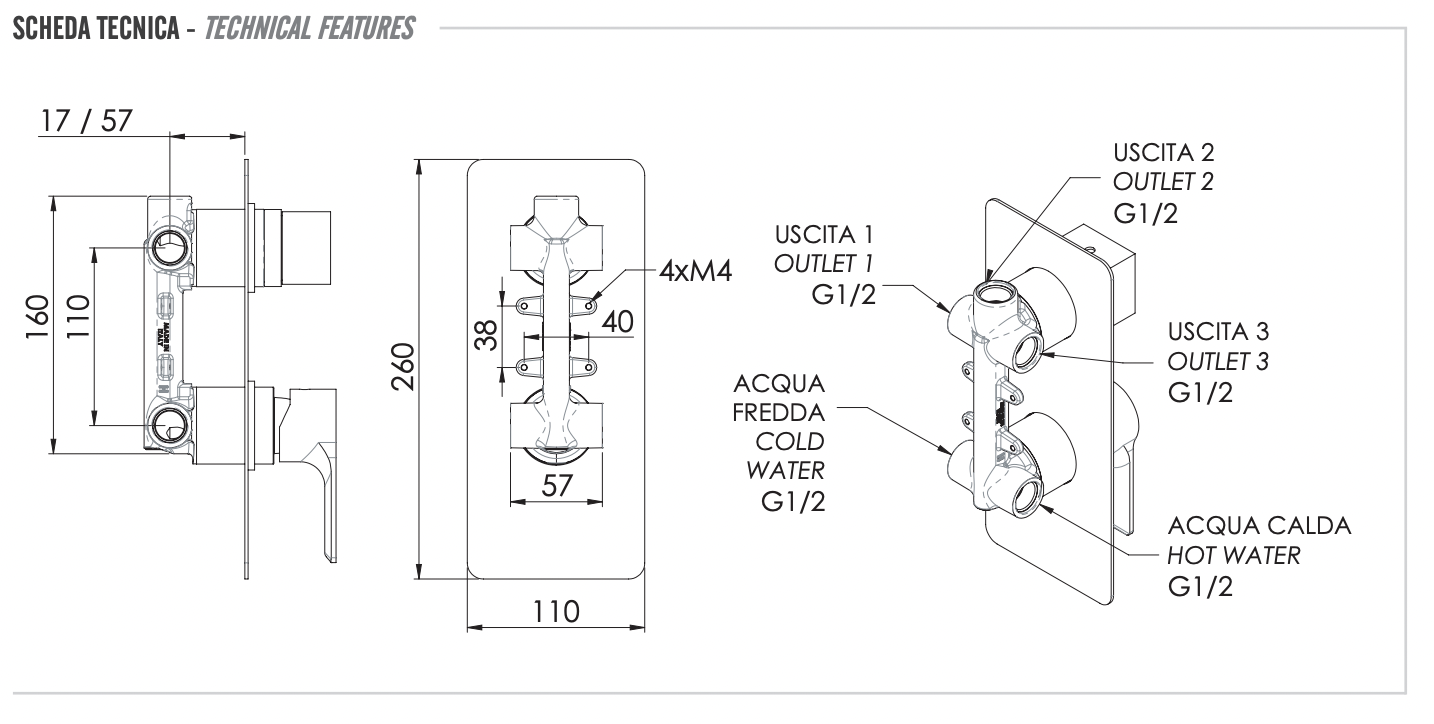 Remer Energy Смеситель для ванны встраиваемый на 3 потребителя, с встраиваемой частью, цвет: cromo EY93