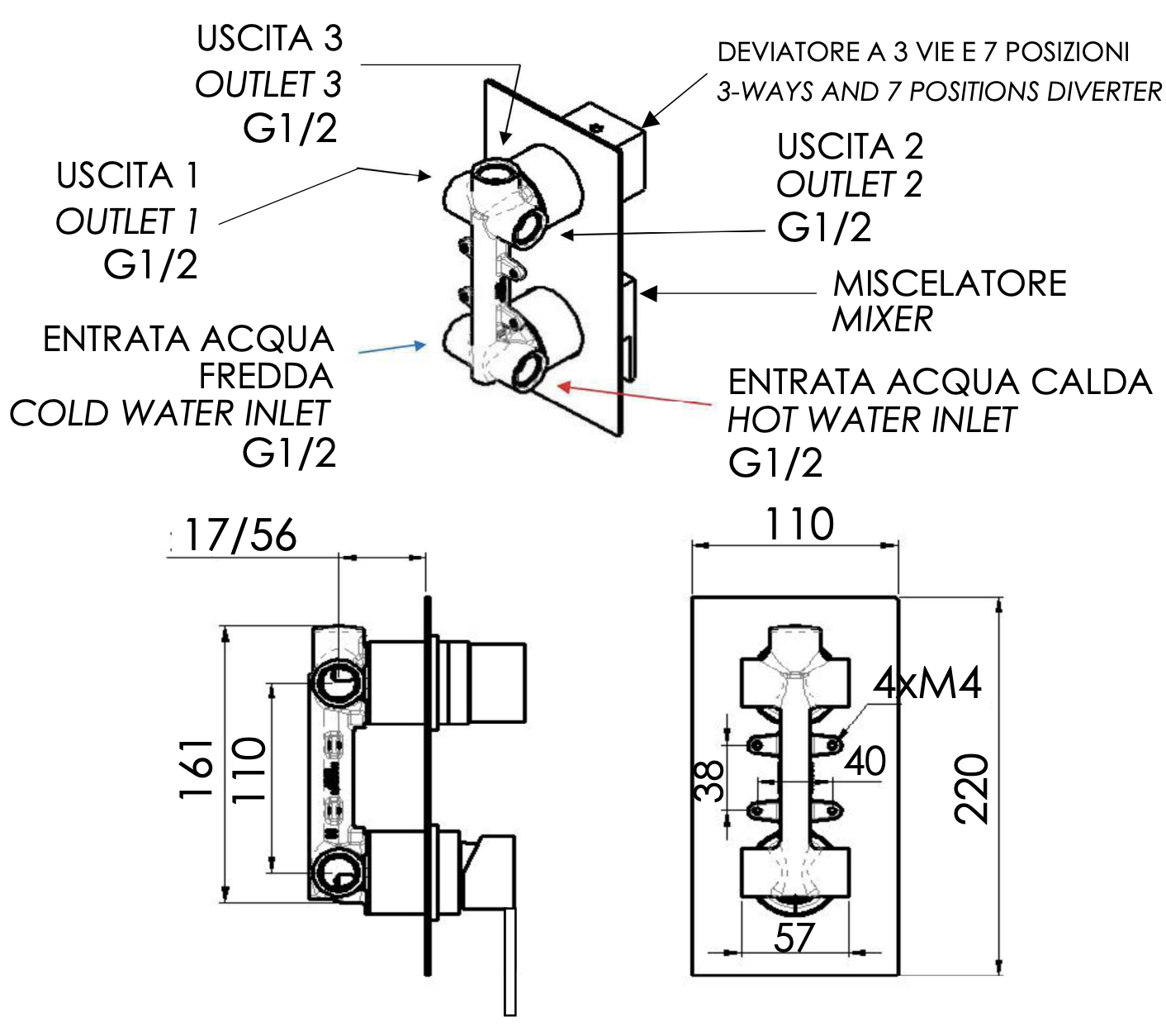 Remer Qubika Смеситель для ванны встраиваемый, 3 потребителя, с скрытой частью, цвет: cromo Q937