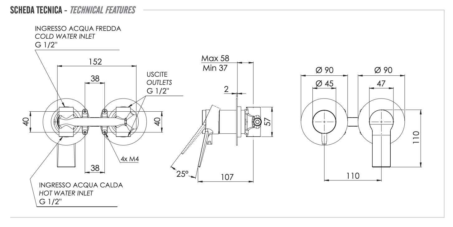 Remer Slash & Dot Смеситель для ванны встраиваемый 2 потребителя, с скрытой частью, цвет: nero opaco SL92ZPNO