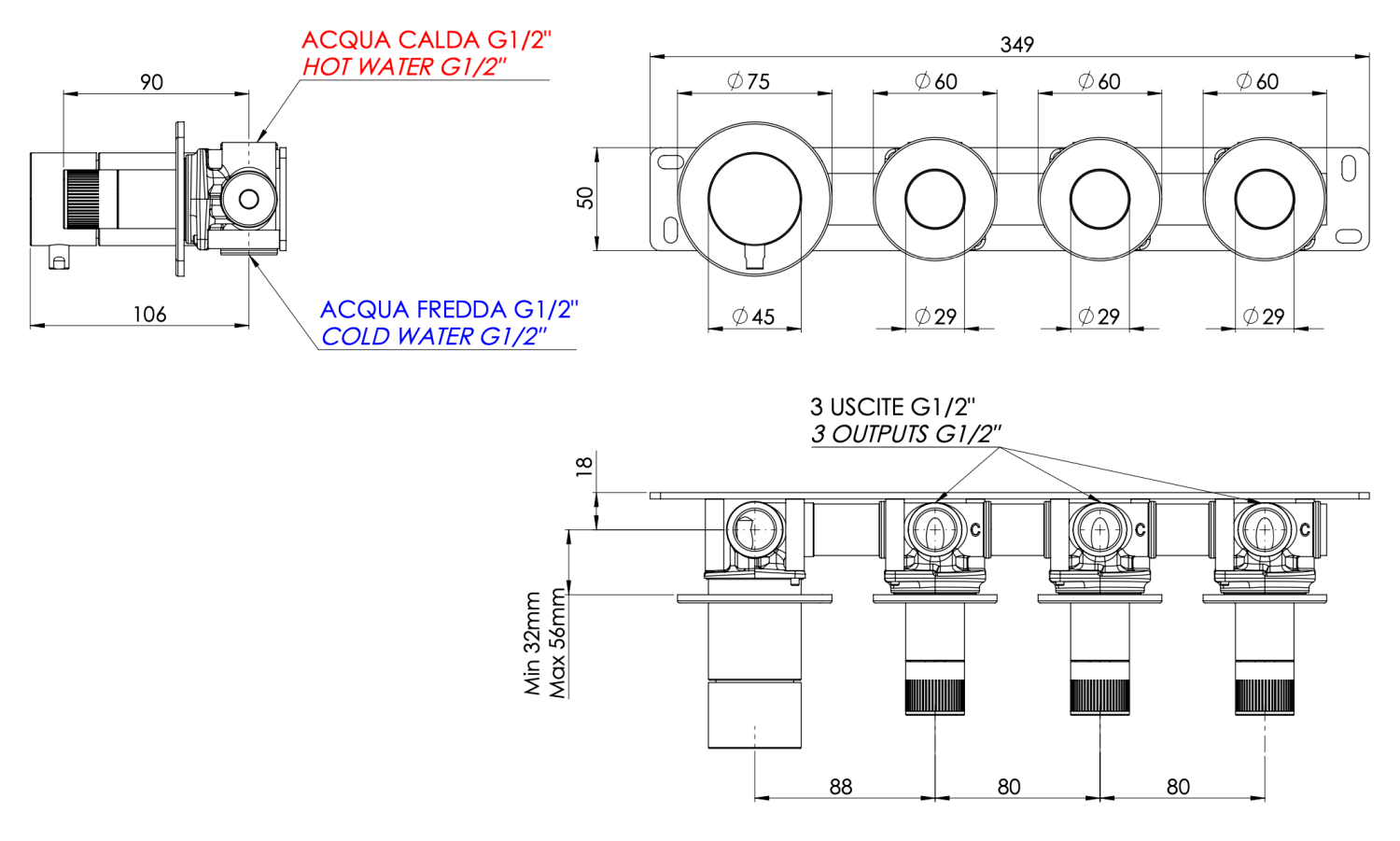 Remer X Style Смеситель для ванны встраиваемый, 3 потребителя, с скрытой частью, цвет: visual inox N98D3PXV