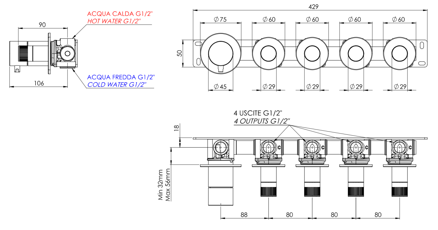 Remer X Style Смеситель для ванны встраиваемый 4 потребителя, с скрытой частью, цвет: oro spazzolato N98D4PBG