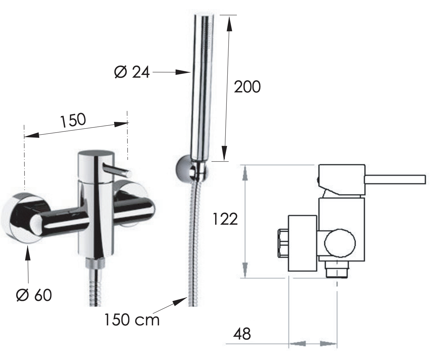 Remer X Style Смеситель для душа, излив, лейка 1 вид струи, держатель, шланг 150 см, цвет: cromo X39