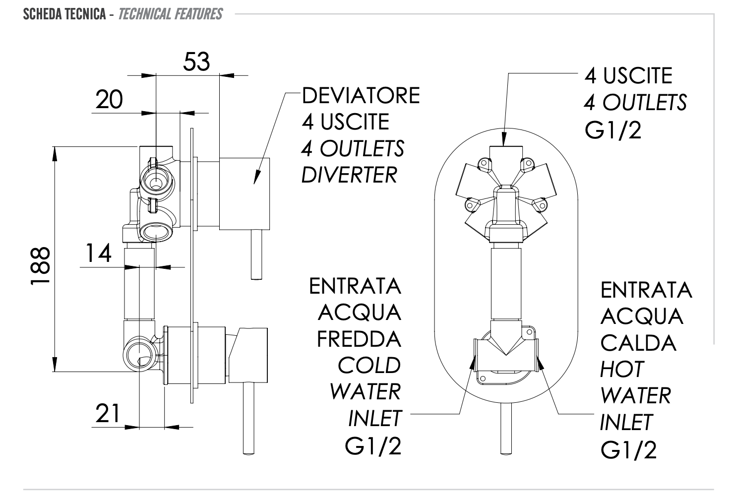 Remer X Style Смеситель для ванны встраиваемый на 4 потребителя, с встраиваемой частью, цвет: cromo X94