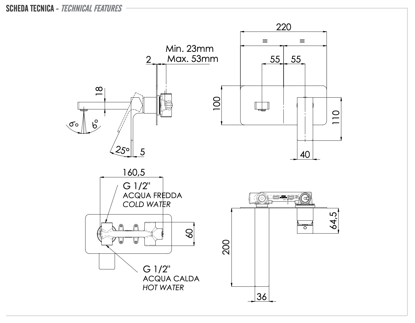 Remer Absolute Смеситель для раковины, излив 20 см, с внутренней частью, цвет: cromo AU15