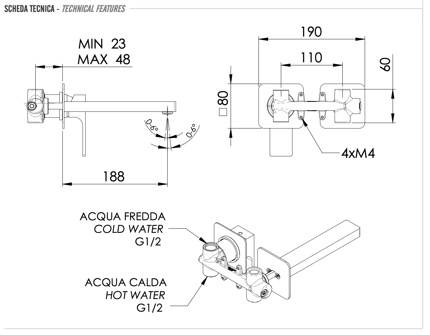 Remer Absolute Смеситель для раковины, излив 18,8 см, с внутренней частью, цвет: cromo AU15P