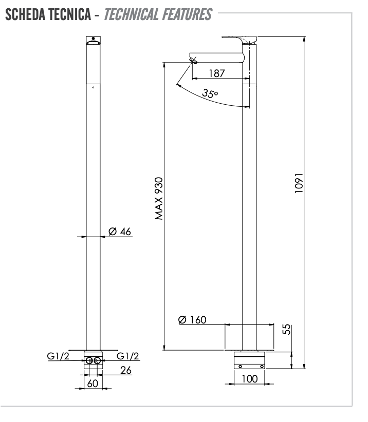Remer Class Line Смеситель для раковины напольный, д/к, излив 18,7 см, цвет: cromo L18