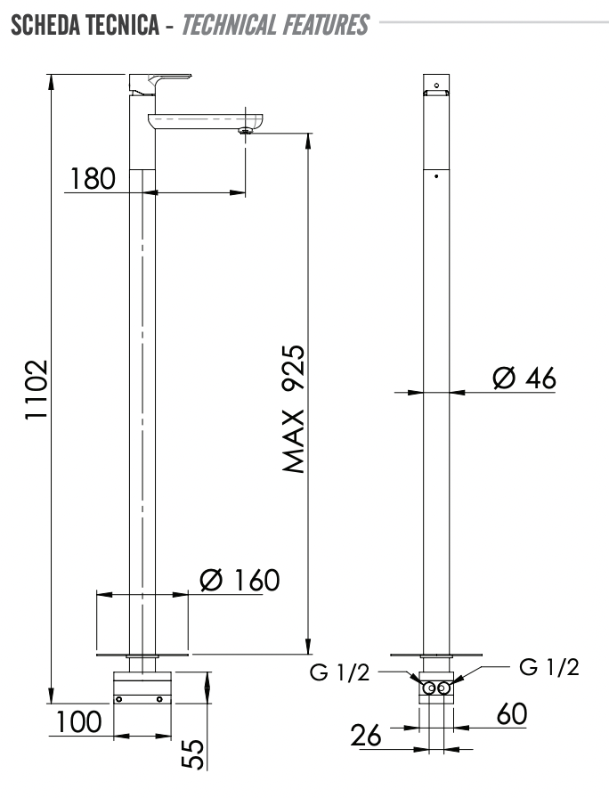 Remer Energy Смеситель для раковины напольный, д/к, излив 18 см, цвет: cromo EY18