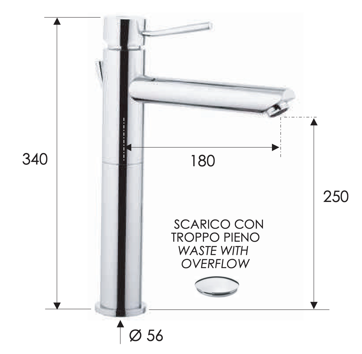 Remer Minimal Смеситель для раковины, с донным клапаном, высота излива 25 см, цвет: cromo N10LXL