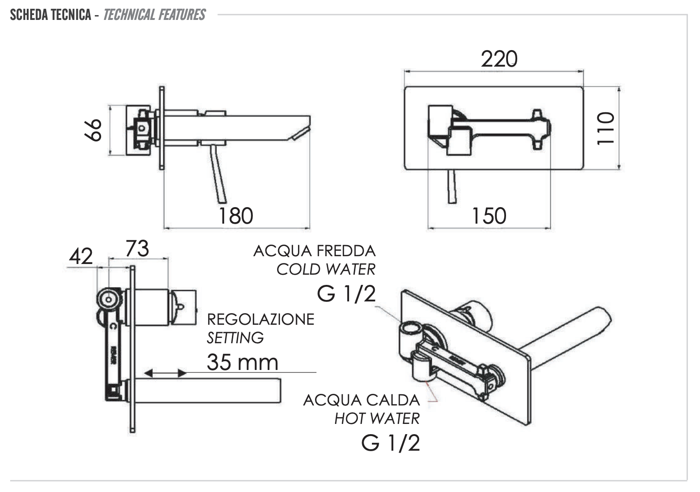 Remer Minimal Смеситель для раковины, излив 18 см, с внутренней частью, цвет: cromo N15