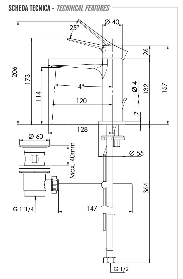 Remer Slash & Dot Смеситель для раковины, с донным клапаном, высота излива 11,4 см, цвет: cromo SL10