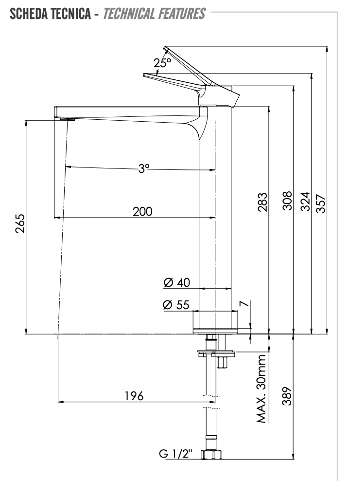 Remer Slash & Dot Смеситель для раковины, без д/к, высота излива 26,5 см, цвет: visual inox SL11LXV