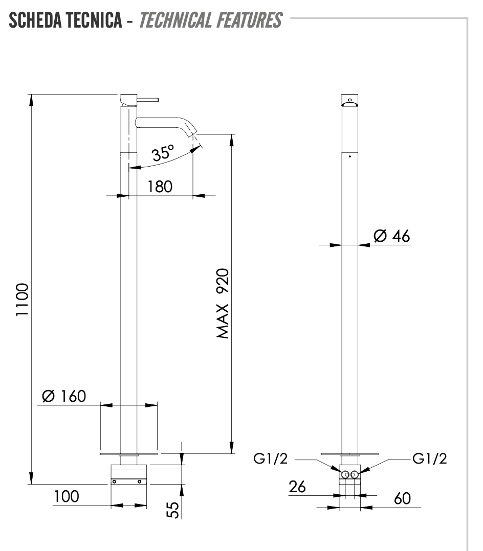 Remer X Style Смеситель для раковины напольный, д/к, излив 18 см, цвет: cromo nero spazzolato X18CFP