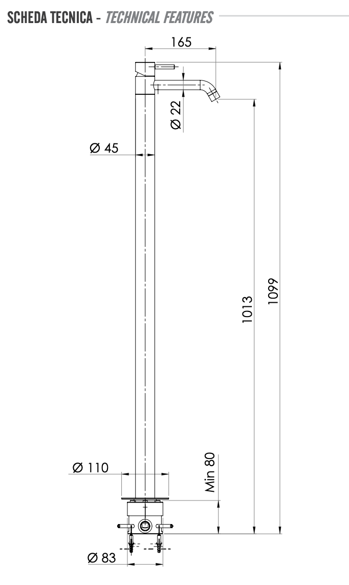 Remer X Style Inox Смеситель для раковины напольный, д/к, излив 18 см, цвет: inox spazzolato SSX18