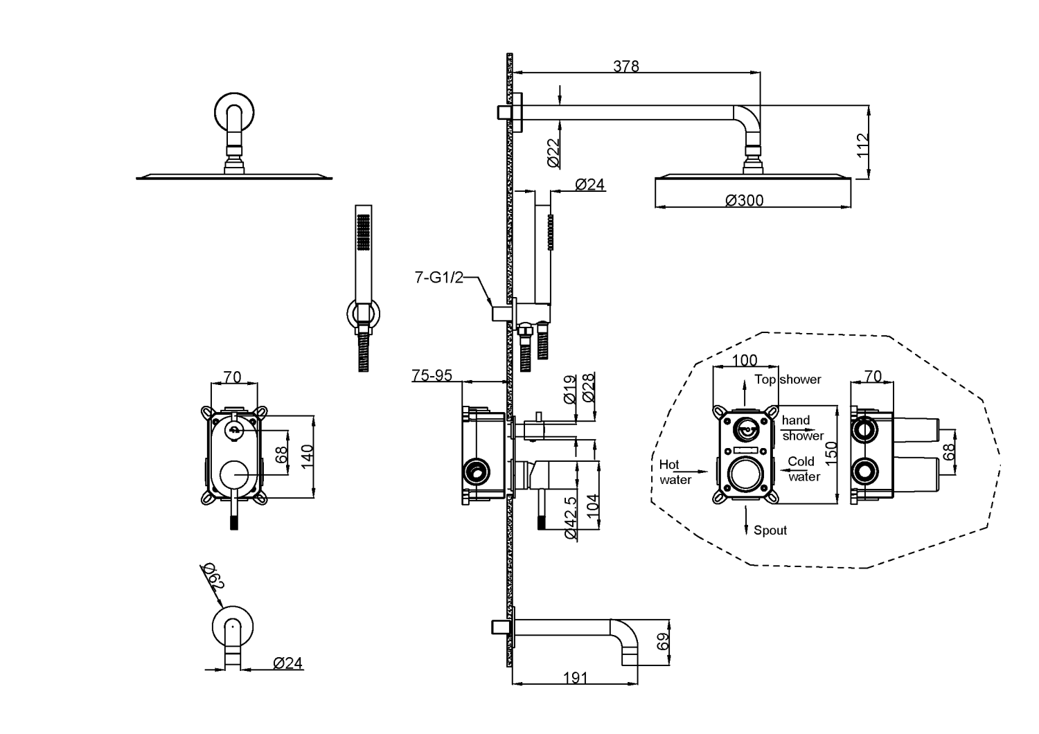 Boheme Uno Душевой комплект встраиваемый - смеситель, верхний, ручной душ, шланг, цвет: black 464-2-B