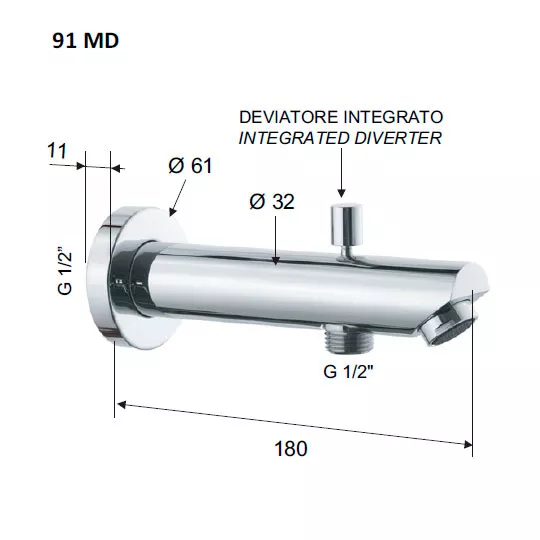 Remer Minimal Излив настенный 18 см с дивертором, цвет: cromo 91MD
