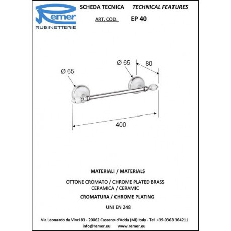 Remer Epoca Полотенцедержатель 40 см, подвесной, латунь, цвет: cromo EP40CR