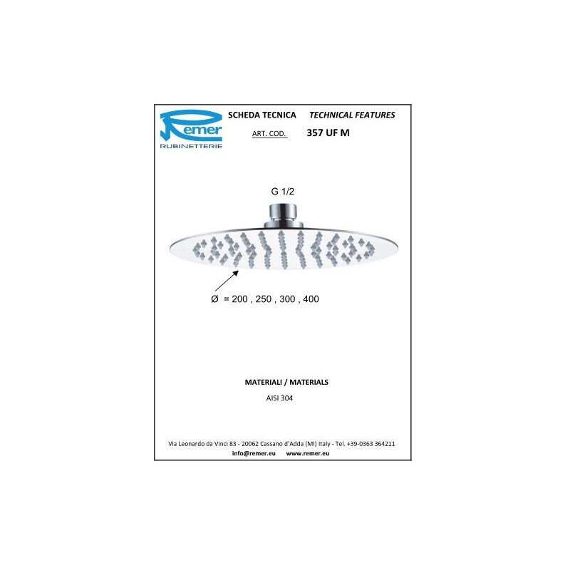 Remer Верхний душ 20 см, 1 режим, без кронштейна, цвет: nero opaco 357UFM20NOx