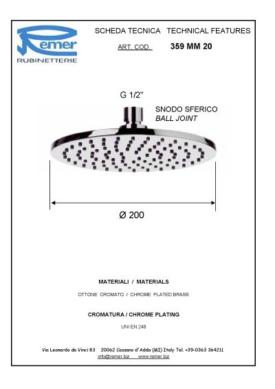 Remer Верхний душ 20 см, 1 режим, без кронштейна, цвет: nero opaco 359MM20NOx