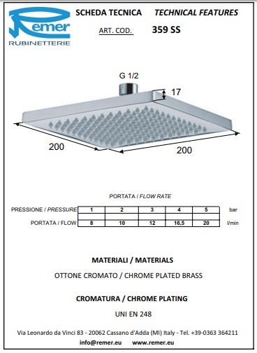 Remer Верхний душ 20x20 см, 1 режим, без кронштейна, цвет: cromo nero spazzolato 359SSCFP