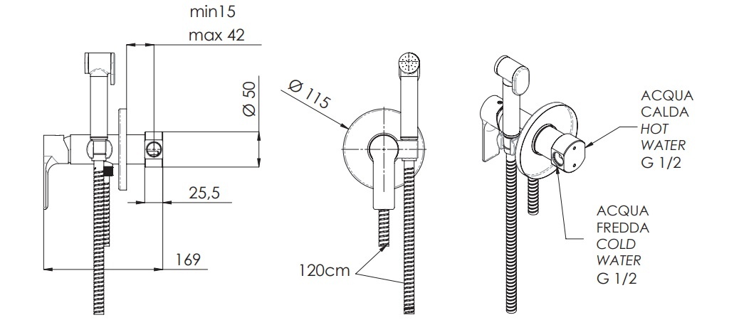 Remer Energy Гигиенический душ со смесителем, шланг 120 см, с встраиваемой частью, цвет: nero opaco EY65WNO