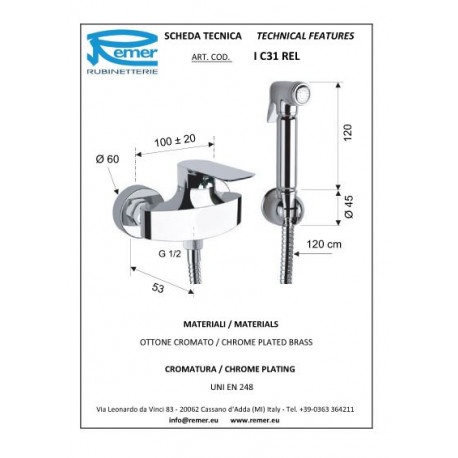 Remer Infinity Гигиенический душ со смесителем, держатель, шланг 120 см, цвет: vecchio ottone iC31RELVO