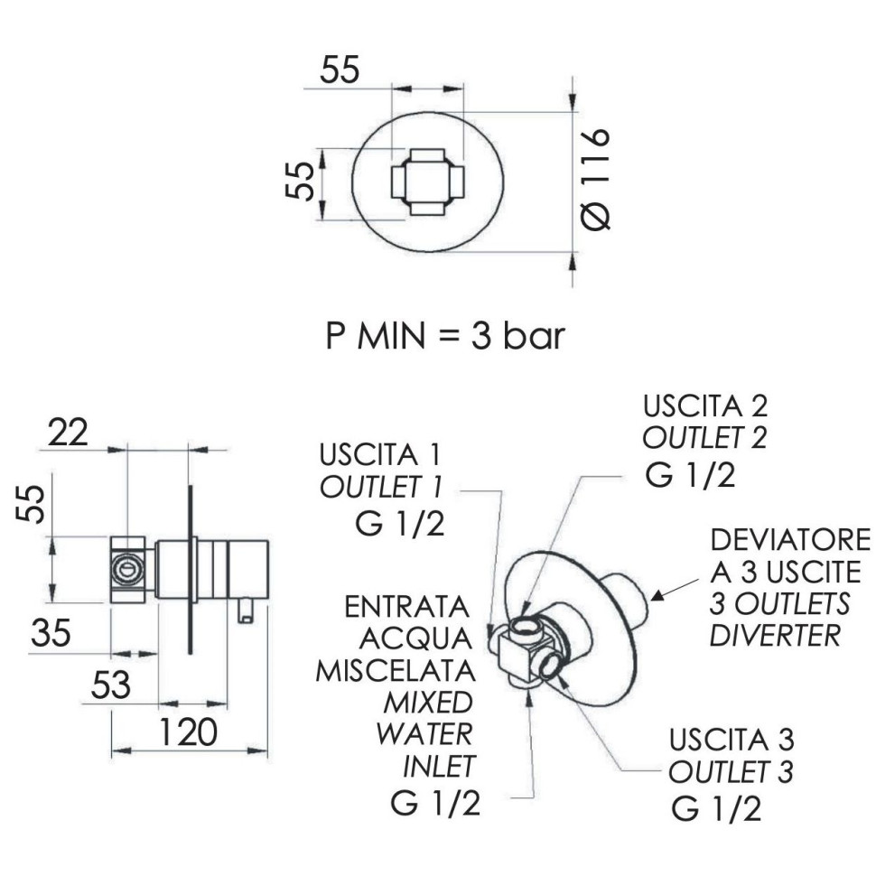 Remer X Style Переключатель потоков на 3 выхода, с внутренней частью, цвет: nero opaco N93DEV3NO