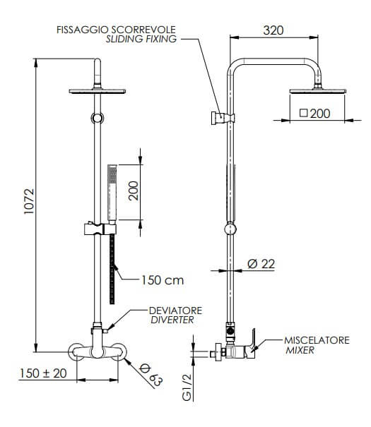 Remer Energy Душевая стойка: смеситель, верхний душ, штанга 107 см, цвет: cromo nero spazzolato EY37X7SS9SSCFP