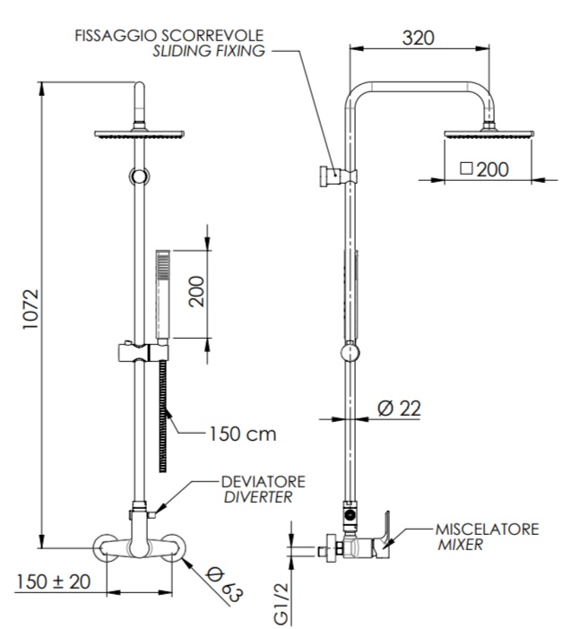 Remer Energy Душевая стойка: смеситель, верхний душ 20 см, штанга 107 см, цвет: nichel spazzolato EY37X7SS9SSNP