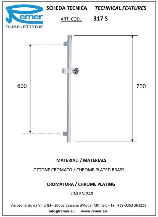 Remer Душевая штанга 70 см, цвет: cromo nero spazzolato 317SCFP