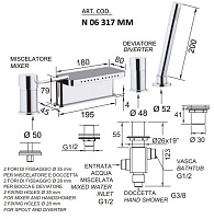Remer Minimal Смеситель на борт ванны, каскадный излив многоструйный, лейка, шланг, цвет: cromo N06317MM