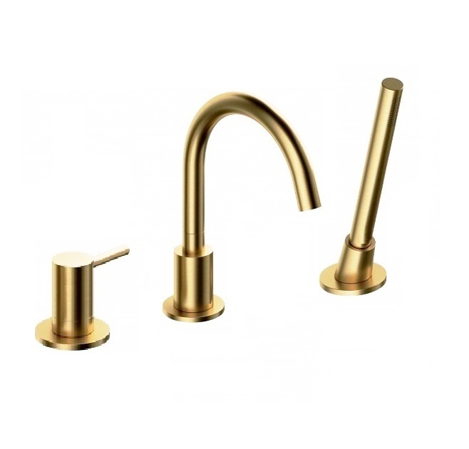 Remer Minimal Смеситель на борт ванны, излив 21,5 см, лейка 1 режим, шланг 150 см, цвет: oro lucido N072DO