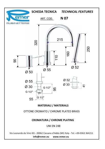 Remer Minimal Смеситель на борт ванны, излив 21,5 см, лейка 1 режим, шланг 150 см, цвет: oro lucido N072DO