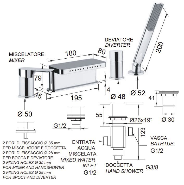Remer Infinity Смеситель на борт ванны, излив каскад многоструйный, лейка, шланг, цвет: nero opaco I06NO
