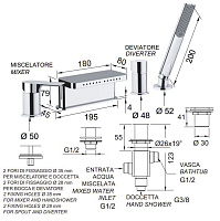 Remer Infinity Смеситель на борт ванны, излив каскад многоструйный, лейка, шланг, цвет: nero opaco I06NO