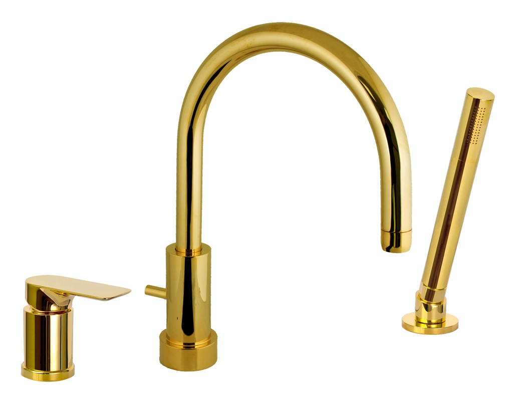 Remer Infinity Смеситель на борт ванны, излив 21,5 см, ручной душ, шланг 150 см, цвет: oro lucido I07DO