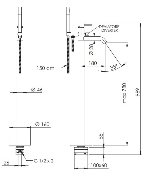 Remer X Style Смеситель для ванны напольный, излив 18 см, со скрытой частью, цвет: vecchio ottone X08VO
