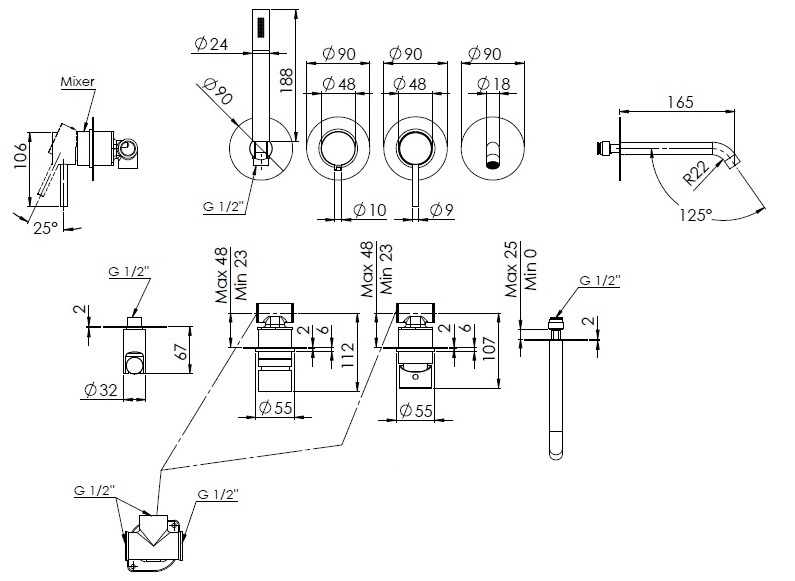 Remer X Style Смеситель для ванны, излив, лейка 1 режим, со скрытой частью, цвет: rame lucido X96S03ROXXRL
