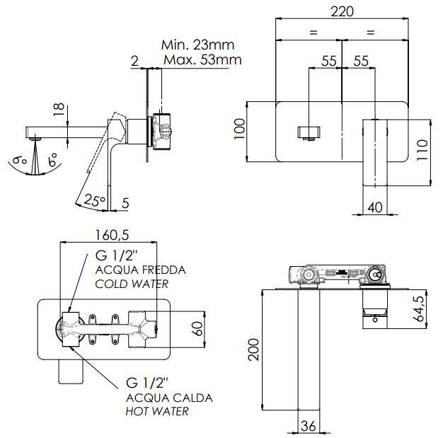 Remer Absolute Смеситель для раковины встраиваемый, излив 20 см, цвет: nichel spazzolato AU15NP
