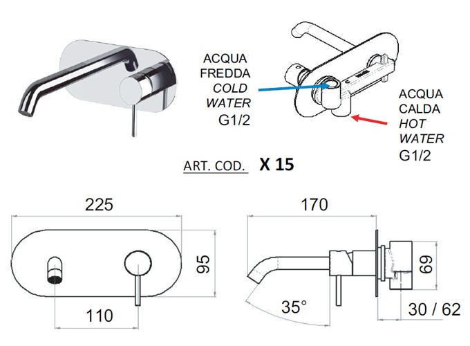 Remer X Style Смеситель для раковины без д/к, излив 16 см, с внутренней частью, цвет: oro spazzolato X15BG