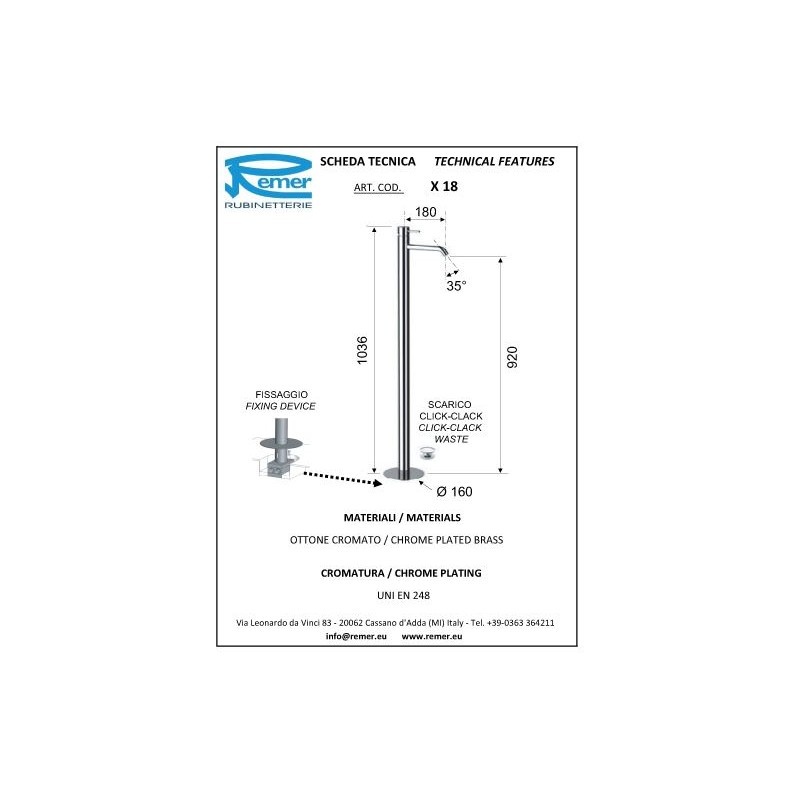 Remer X Style Смеситель для раковины напольный, д/к,излив 18 см, цвет: nichel spazzolato opaco X18NPO