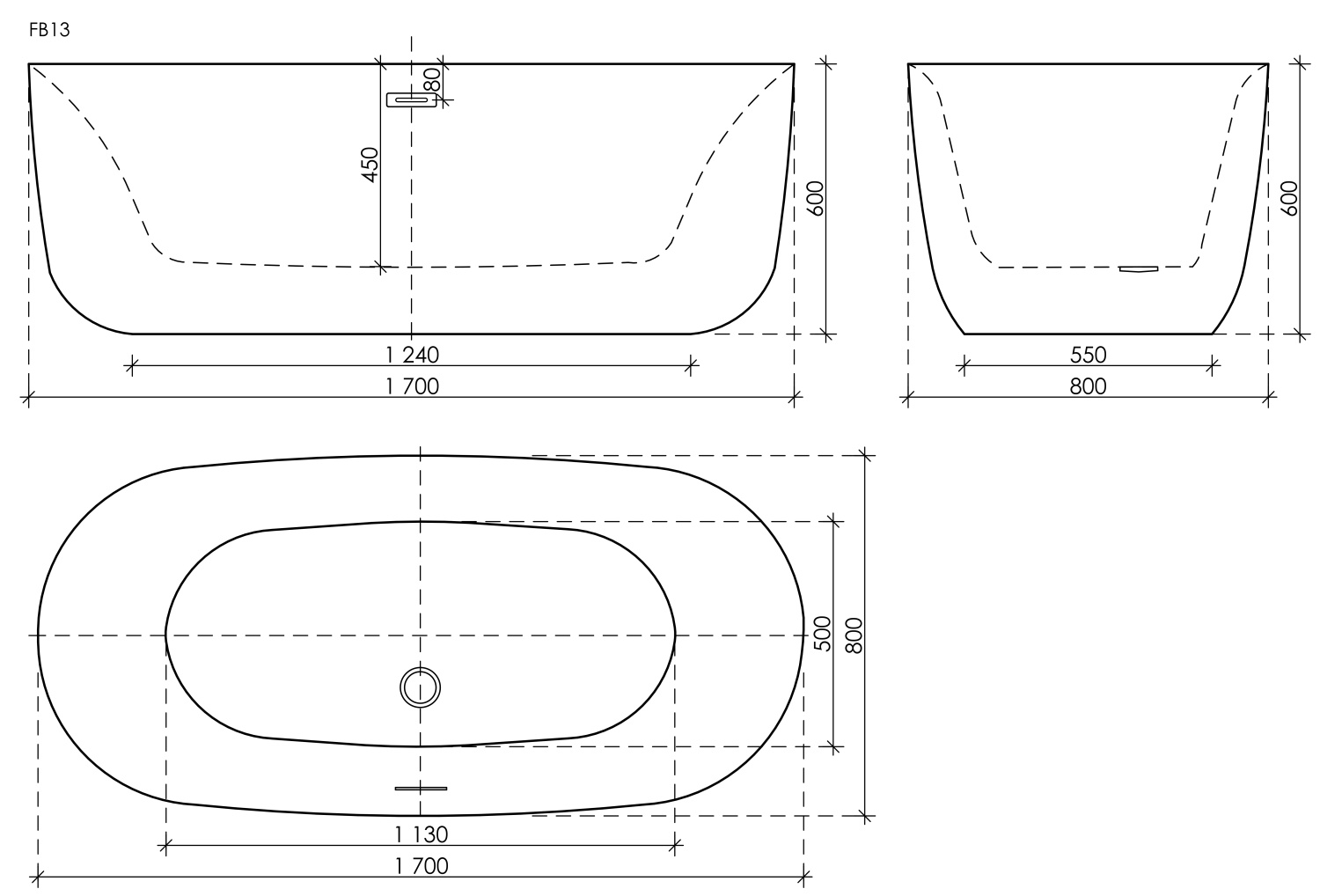 Sancos Space Акриловая ванна отдельностоящая 170x80x60h см, цвет: белый FB13