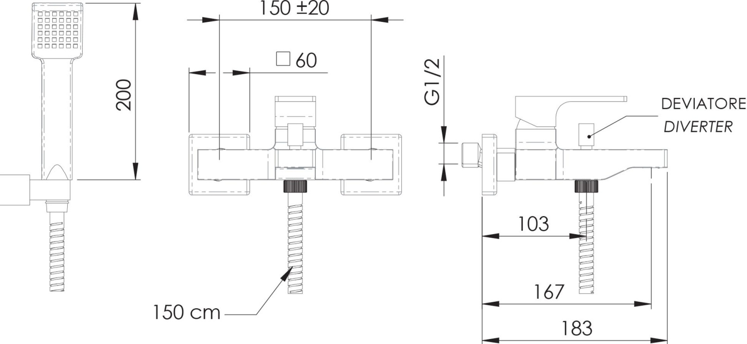 Remer Absolute Смеситель для ванны с душем, лейка, держатель, шланг 150 см, цвет: cromo AU02