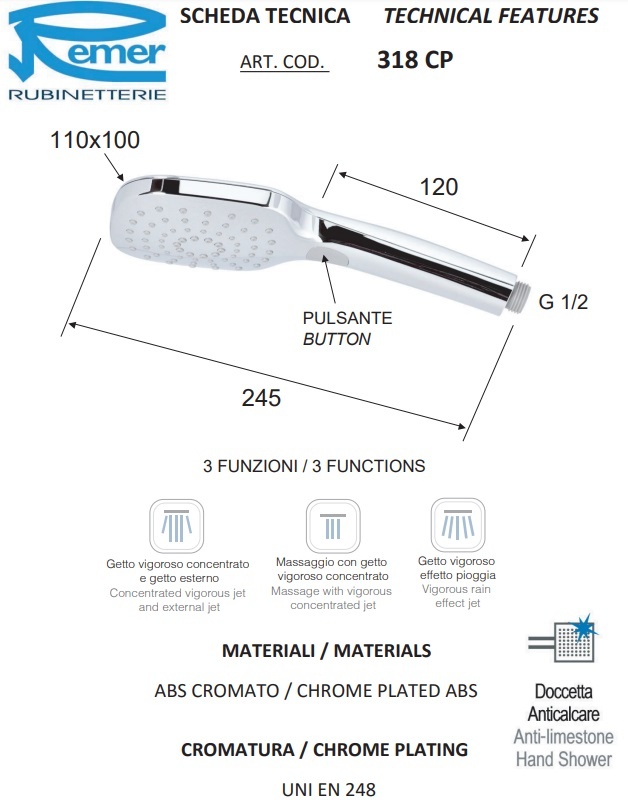 Remer Ручной душ, 3 вида струи, цвет: cromo 318CPX