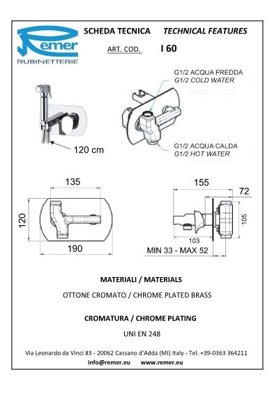 Remer Infinity Гигиенический душ со смесителем, шланг 120 см, с встраиваемой частью, цвет: cromo I60