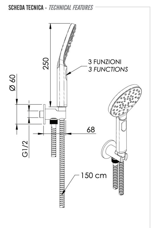 Remer Душевой гарнитур: лейка 3 режима, выпуск с держателем, шланг 150 см, цвет: cromo 337M318MP